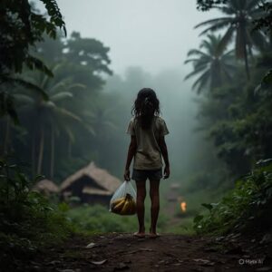 Destinée héroïque mission spirituelleIllustration d'une jeune fille de 13 ans à la lisière d'une forêt tropicale mystique, sac de bananes à la main, style cinématographique.