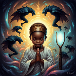 Guerre spirituelle protection divine Illustration mystique d'une jeune fille en prière repoussant des ombres démoniaques dans un rêve lucide, aura lumineuse et bouclier de foi.