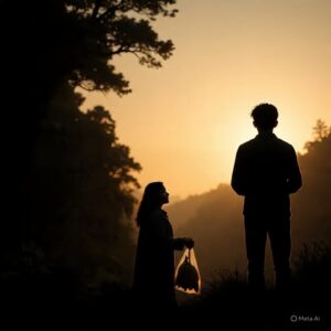 combat spirituel ténèbres destin Illustration dramatique de L’eyra face à son cousin à la lisière d'une forêt sombre, hésitant entre la fugue et le retour à la maison.