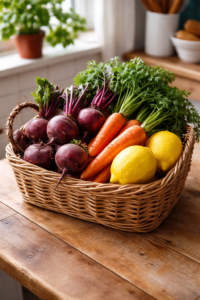 Ingrédients frais pour préparation du Jus détox Carotte betterave et citron