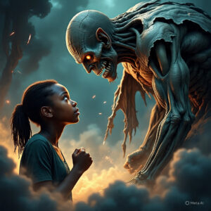 Éveil spirituel identité divine Une jeune fille courageuse dégageant une aura lumineuse face à un démon géant écorché dans un rêve mystique.