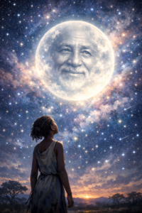 Éveil spirituel rêves prémonitoires "Illustration mystique de L'eyra regardant un visage paternel divin apparaître dans le ciel nocturne étoilé."