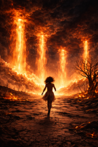 Trahison amoureuse crise de foi Illustration mystique d'une jeune fille fuyant un feu apocalyptique tombant du ciel, symbolisant le chaos spirituel.