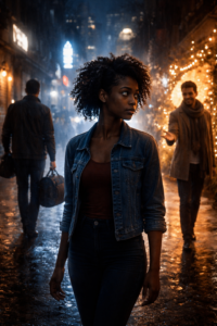 Choix difficile triangle amoureux Une jeune femme indécise entre un homme qui s'éloigne et un nouveau prétendant bienveillant sous la pluie.