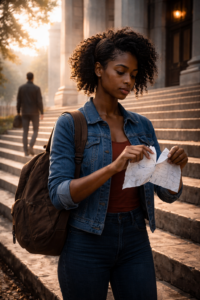Psychologie amoureuse amour toxique Femme déchirant une lettre d'amour devant une université, symbole de rupture avec une relation toxique et retour aux études.
