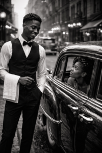 Vie antérieure connexion spirituelle Illustration en noir et blanc d'une rencontre romantique dans une vie antérieure entre L’eyra et Kendrick serveur, style vintage et nostalgique.