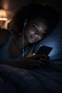 Relation toxique ou destin Jeune fille souriant dans le noir en téléphonant, lumière d'écran sur le visage, émotion amoureuse nocturne.
