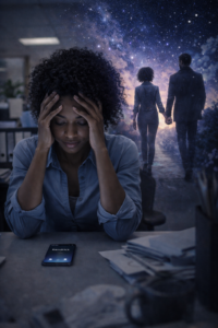 Dilemme amoureux destin spirituel Jeune femme hésitant devant son téléphone affichant un appel, superposition d'une scène de rêve amoureux romantique.