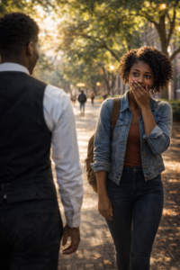 Psychologie du couple communication eune femme surprise par ses propres paroles après une réconciliation amoureuse sur un campus universitaire.