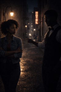 Premier baiser déception sentimentaleJeune femme refusant une proposition indécente devant un hôtel la nuit, baiser passionné et déception amoureuse.