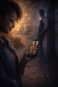 Séduction intuition féminine mystère Jeune femme regardant des photos sur son téléphone pendant qu'un homme l'observe avec regret à distance sur un campus.