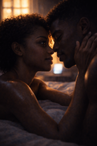 Tension romantique jeu de séduction Scène d'intimité entre L'eyra et Kendrick, massage sensuel et baiser imminent dans une chambre d'étudiant.