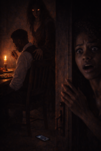 Addiction sentimentale combat spirituel Illustration mystérieuse d'une femme observant en secret un homme envoûté à table chez une sorcière, ambiance de combat spirituel et dark fantasy.