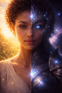 Combat spirituel monde des rêves Portrait artistique illustrant la dualité entre L'eyra et sa forme de guerrière spirituelle Edeva, contraste entre ombre et lumière divine.