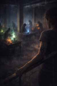 Eveil ésotérique épuisement nocturne Sous-sol sombre d'une entreprise avec des bougies mystiques colorées et des silhouettes d'esprits emprisonnés, ambiance thriller occulte.