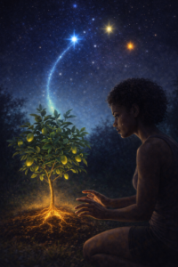 eune femme découvrant un citronnier sacré sous un ciel étoilé mystique, illustration de remède spirituel et de rêve prémonitoire. connexion céleste protection divine