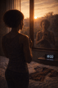 Dilemme amoureux pacte spirituel Silhouette d'une femme attendant un rendez-vous amoureux décisif à 18h, ambiance de fin de journée et tension émotionnelle.