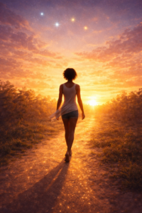 Libération émotionnelle paix intérieure Silhouette de femme marchant vers un lever de soleil radieux, symbolisant la liberté, la fin des cauchemars et la paix intérieure.