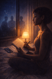 Prière désespérée dilemme sentimental destin Jeune femme écrivant une chanson mélancolique dans sa chambre, reflet de son passé dans le miroir, ambiance de solitude et de création.