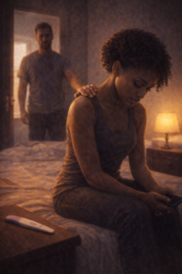 Dilemme spirituel relation libre Jeune femme inquiète assise sur un lit après l'annonce d'une possible grossesse, homme protecteur à ses côtés, ambiance dramatique et sérieuse.