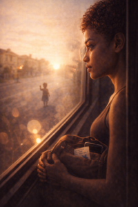 Désillusion amoureuse nouveau départ Femme regardant par la fenêtre d'un véhicule en partance, émotion du départ et espoir d'une nouvelle vie loin du passé.