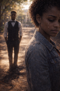 Manipulation amoureuse triangle amoureux Jeune femme s'éloignant d'un homme blessé sur un campus, exprimant un sacrifice amoureux secret et une protection contre des forces obscures.