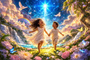 Triangle d'étoiles mystère biblique Illustration onirique de deux enfants divins courant dans un jardin paradisiaque sous une étoile bleue brillante, ambiance de paix et de souvenirs célestes.