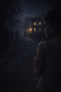 Deuil mystique harcèlement spirituel Jeune femme observant des silhouettes d'ombres malveillantes entourant une maison dans une rue sombre, illustration de prémonition et de sorcellerie.