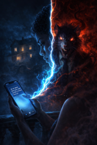 Justice spirituelle guerrière de lumière Illustration d'un duel spirituel entre une jeune femme et son oncle sorcier, message téléphonique transformé en flamme bleue protectrice, ambiance fantastique et sombre.