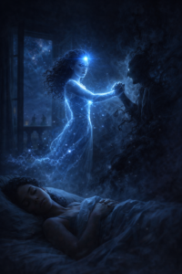 Guerre spirituelle sortie astrale Illustration d'une sortie astrale : une jeune femme lumineuse protégeant son propre corps endormi contre une ombre malveillante, combat spirituel nocturne.