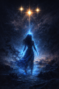 Justice divine guerre invisible Guerrière de lumière terrassant une armée de démons et de sorciers sur une plaine mystique, aura bleue protectrice et intervention divine.