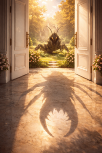 Réalité masquée voyage astral eune femme affrontant un criquet géant rugissant comme un lion dans un jardin majestueux, illustration de force intérieure et de rêve ésotérique.