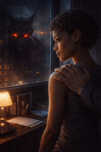 combat invisible mystère patronal Patron souriant dans un bureau moderne avec une ombre démoniaque projetée derrière lui, illustration de manipulation occulte et harcèlement en entreprise.