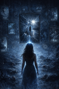 Rêve lucide prémonition intuition Illustration surréaliste d'une jeune femme perdue dans un labyrinthe de miroirs montrant des visions contradictoires de la mort d'un proche à 5h du matin.