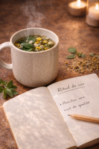 Boissons à éviter le soir Main écrivant dans un carnet de rituels à la lumière douce à côté d'une tasse d'infusion à la menthe.