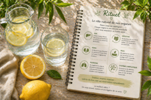 Carnet de notes avec un schéma du foie et des reins à côté d'une infusion de gingembre et de citrons frais. détox mythe ou réalité