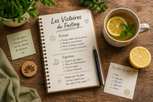 Carnet de rituels listant les bénéfices du jeûne intermittent à côté d'un verre d'eau citronnée et d'une montre. bienfaits jeûne intermittent