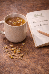 Infusion camomille menthe Tasse d'infusion aux fleurs de camomille et feuilles de menthe à côté d'un carnet de rituels ouvert.
