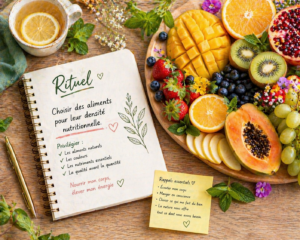 Alt-Assortiment de fruits frais (kiwi, orange, banane) à côté d'une infusion et d'un carnet de bord nutritionnel. fruits riches en vitamines
