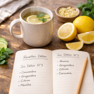 Recettes jus détox Assortiment d'ingrédients frais (citron, gingembre, menthe) et carnet de recettes détox sur une table en bois.