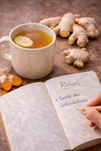 soulager douleurs articulaires naturellement Infusion de curcuma et gingembre à côté d'un carnet de rituels sur une table en bois rustique.
