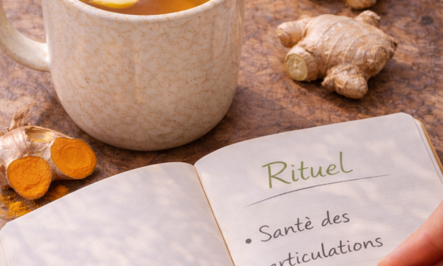 soulager douleurs articulaires naturellement Infusion de curcuma et gingembre à côté d'un carnet de rituels sur une table en bois rustique.