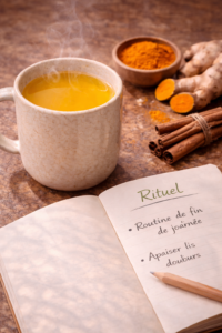 Recette lait d'or curcuma Tasse de lait d'or jaune vif saupoudrée de cannelle à côté d'un carnet de rituels