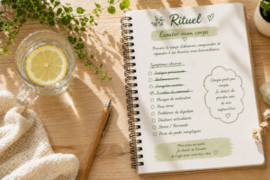 Carnet de notes listant les symptômes de fatigue à côté d'une tasse d'eau citronnée et d'un citron frais.