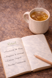règle 10-3-2-1-0 sommeil Carnet de notes détaillant la règle 10-3-2-1-0 pour le sommeil à côté d'une tasse d'infusion et d'un réveil.
