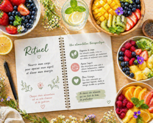 Alt-Assiette de fruits colorés à côté d'un carnet de rituels listant les bienfaits de l'ananas et de la mangue. Salades de fruits détox