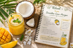 Noix de coco ouverte, lait de coco crémeux et un smoothie tropical à côté d'un carnet de rituels.