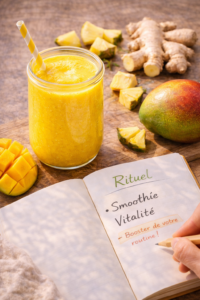 boisson énergie naturelle Smoothie jaune éclatant dans un verre, entouré de morceaux d'ananas, de mangue et de gingembre frais.