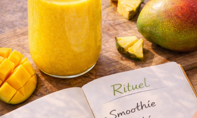 boisson énergie naturelle Smoothie jaune éclatant dans un verre, entouré de morceaux d'ananas, de mangue et de gingembre frais.