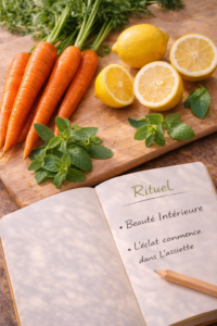 jus pour la peau Verre de jus de carotte et orange à côté d'un carnet de rituels et de citrons frais sur une table.
